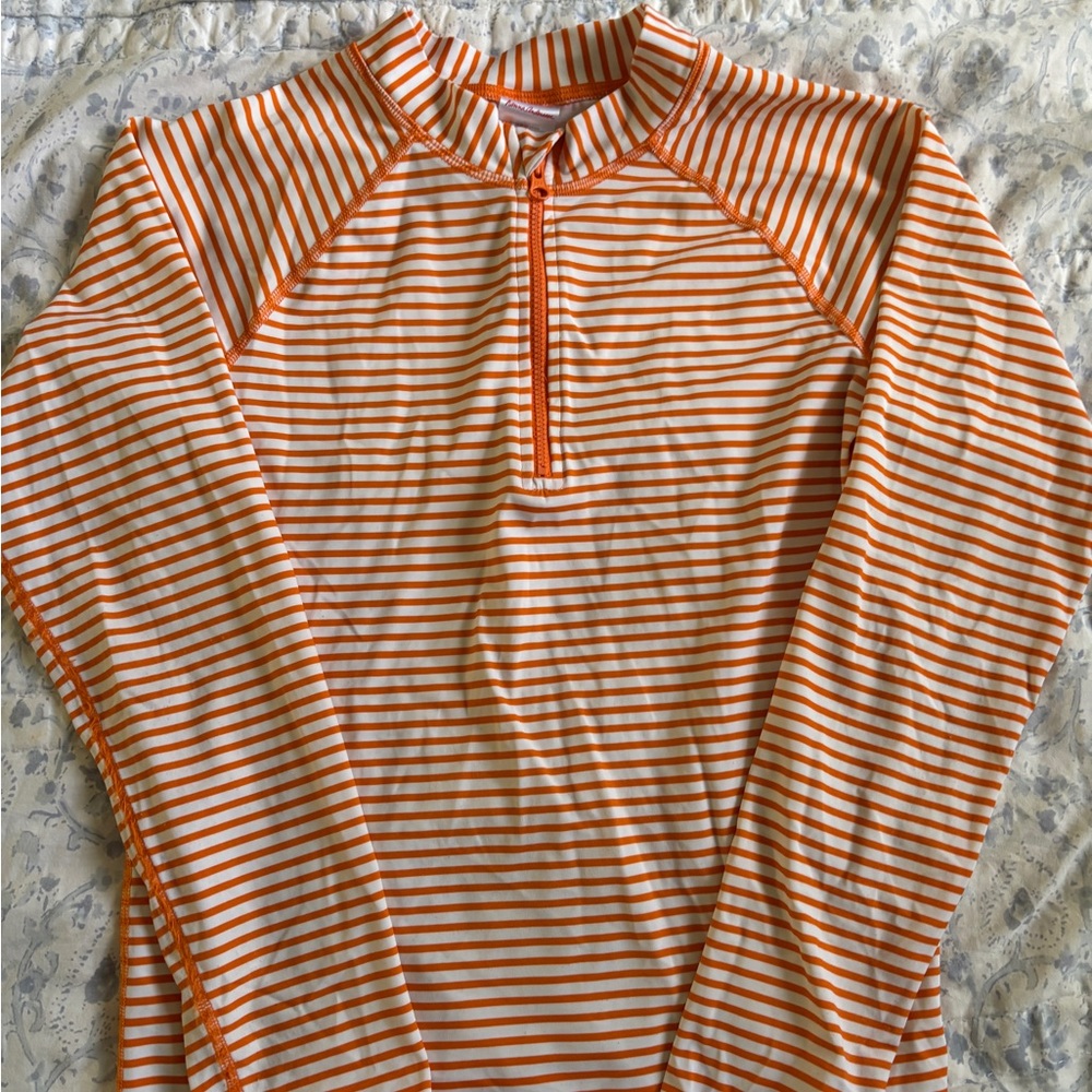 Hanna Andersson Orange and White Striped Zip Top rashguard